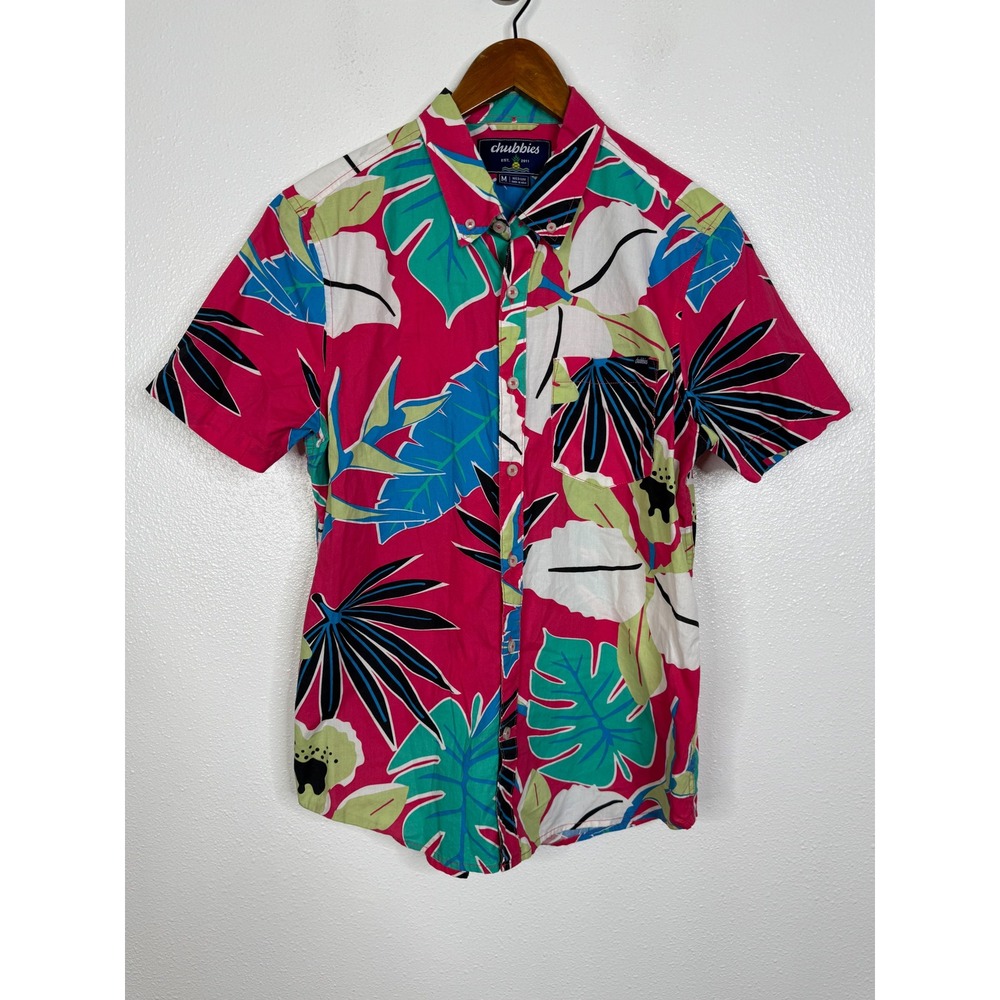 Chubbies Mens Pink Tropical Floral Short Sleeve Button Down Shirt Medium Regular